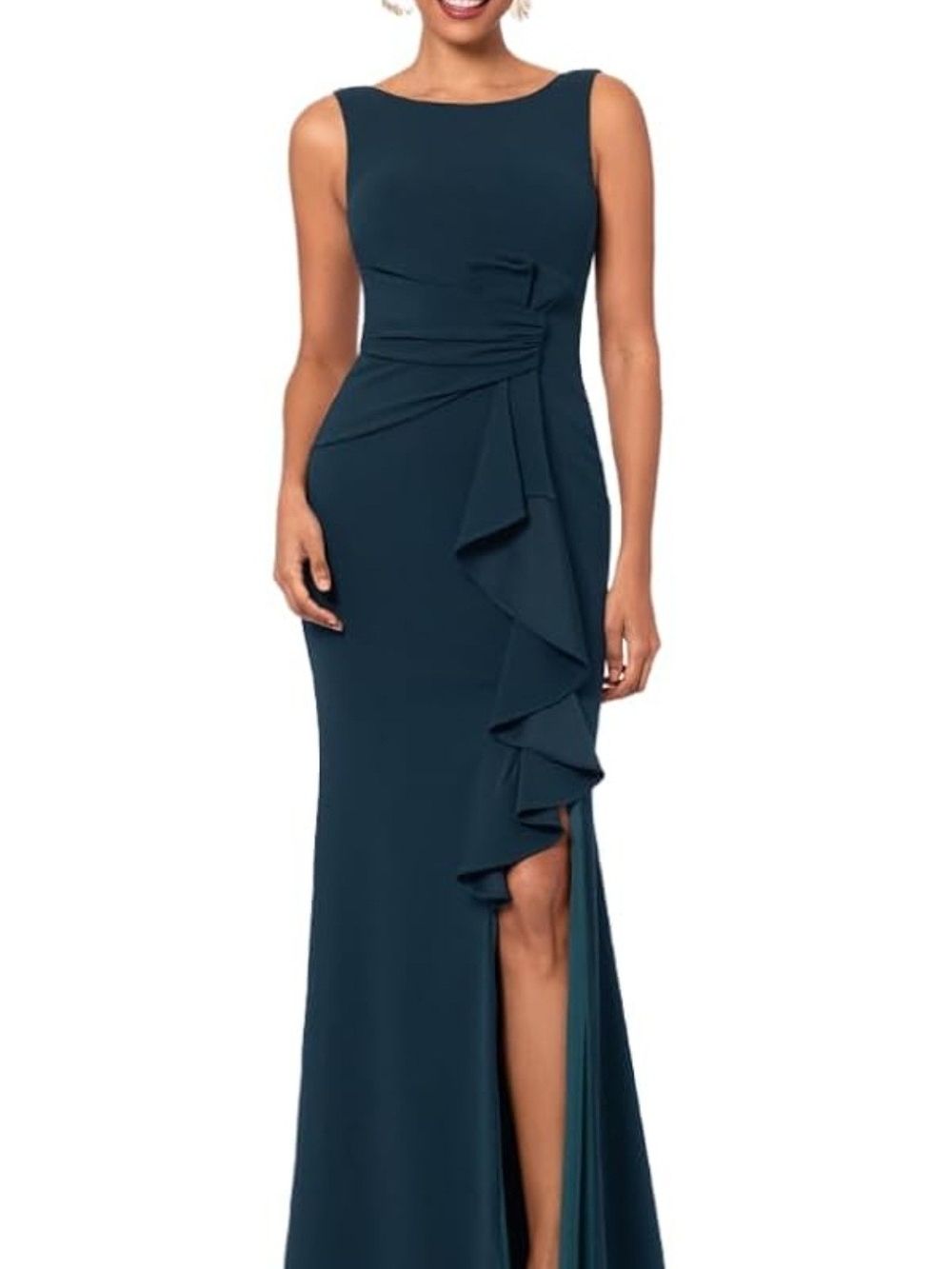 Betsy & Adam Ruffle-Slit Evening Dress - Sleeveless Formal Gown
